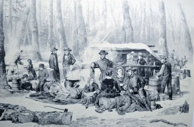 Illustration de Currier & Ives du 19ème siècle. Scène forestière américaine, fabrication de sucre d